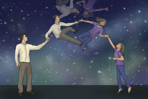 Illustration of a couple holding hands while their spirits fly through air